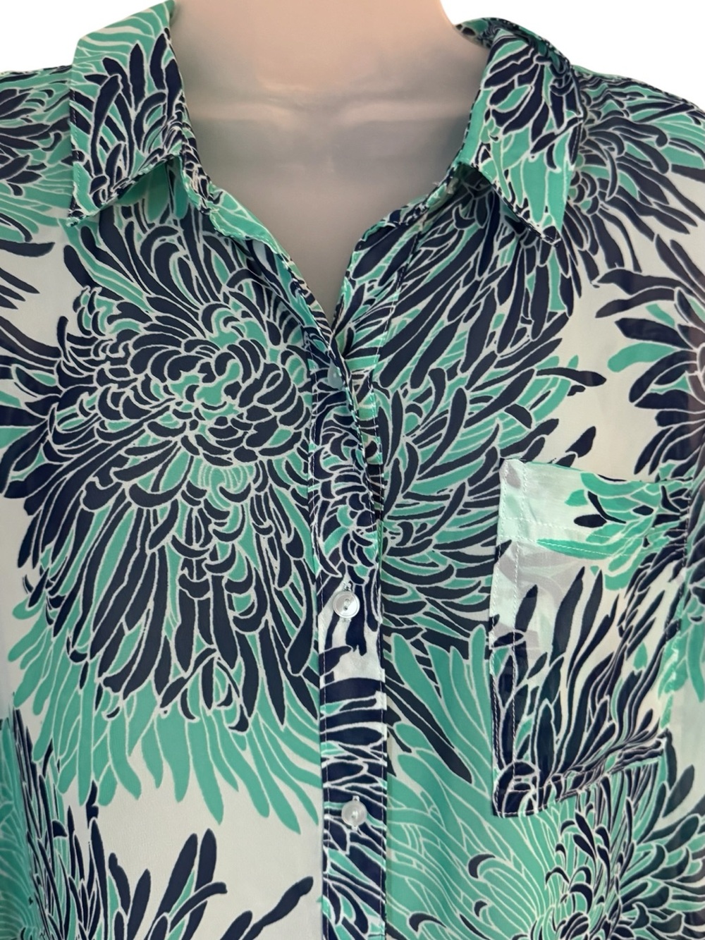 Liz Claiborne Mint & Navy Floral Sleeveless Button-Up Blouse XLARGE #P - Picture 2 of 7
